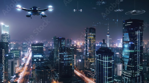 Drone Delivery Over a Cityscape at Night