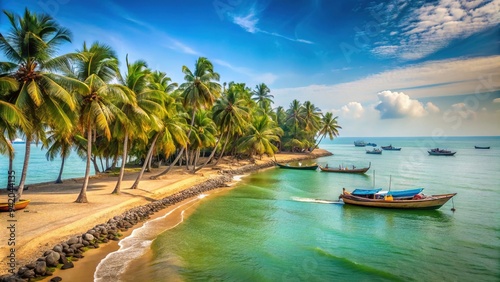 Sandy shoreline stretches towards the horizon, lined with swaying palm trees and boats gently bobbing on shimmering turquoise waters, Kochi's serene coastal scene. photo