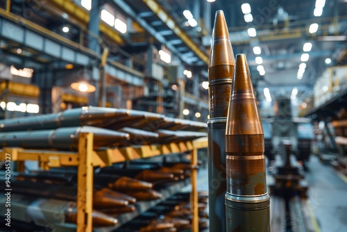 Close-Up Photo of New Metal 155 mm Artillery Shells: No Cartridges, Vintage Style at Weapons Factory, 3:2 Aspect Ratio photo