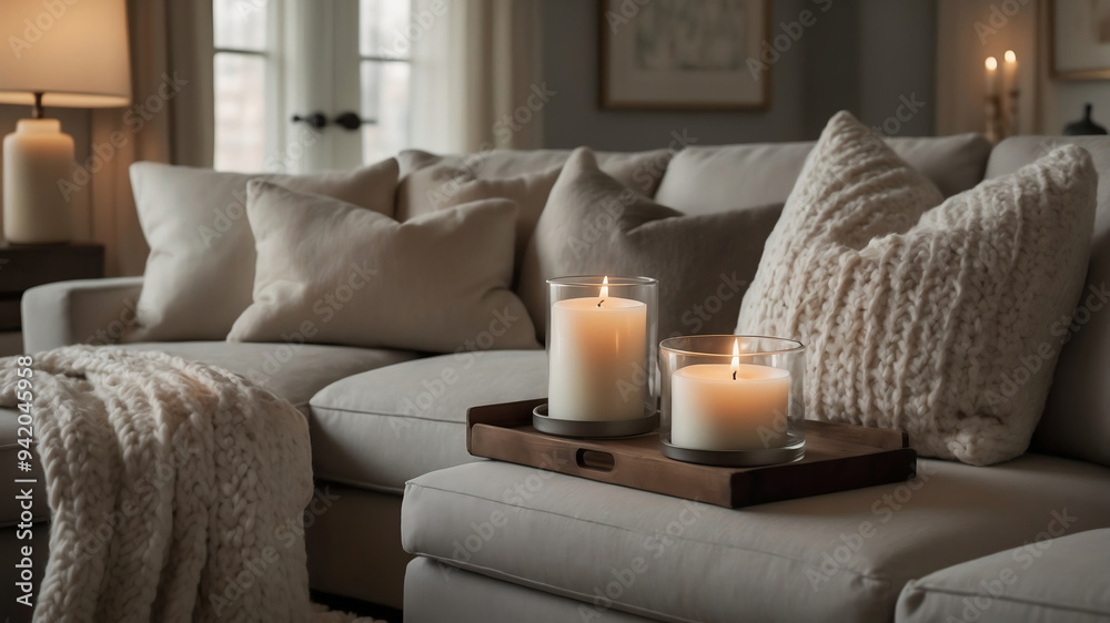 Welcoming Living Room with Plush Sofa, Lit Candles, and Textured Knit Accents Welcoming Living Room with Plush Sofa, Lit Candles, and Textured Knit Accents