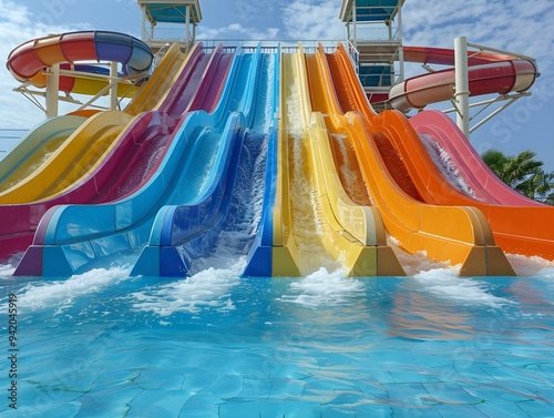 Colorful water slides at a tropical water park on a sunny day, inviting visitors to enjoy a fun and thrilling experience photo