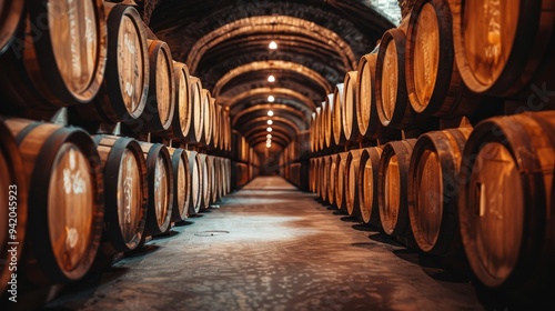 Vászonkép Whiskey Bourbon Scotch Wine Barrels in Aging Facility: Detailed Interior with Ru