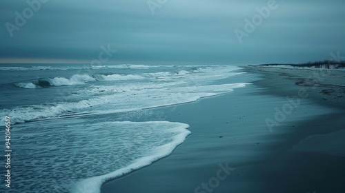 Picturesque Beach at Twilight: Calming Waves, Turquoise and Silver Shimmering Ocean, Pulitzer Prize-Winning Photography, 16:9 photo