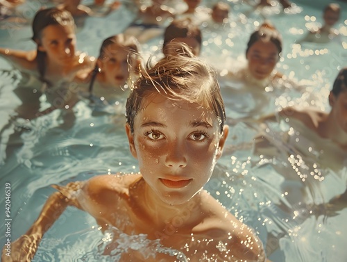 Children enjoying a summer day swimming in a clear pool, with one girl swimming nearer to the camera, capturing joyful moments photo