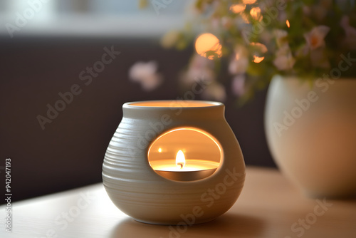  a ceramic butter warmer with a tealight candle underneath, the soft, ambient light creating a cozy atmosphere