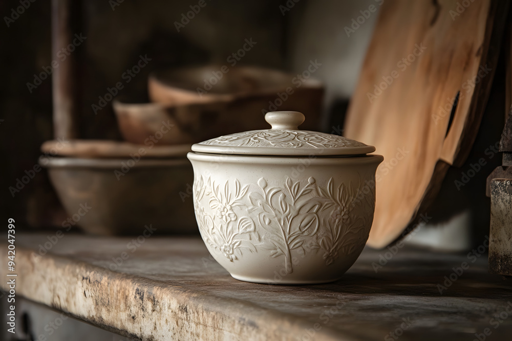 a ceramic butter keeper with a lid, the exterior adorned with delicate, hand-carved patterns, sitting on a rustic kitchen counter a ceramic butter keeper with a lid, the exterior adorned with delicate, hand-carved patterns, sitting on a rustic kitchen counter
