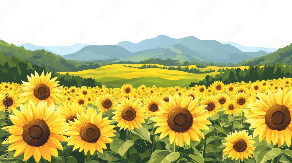 Fototapeta premium A set of sunflower fields, expansive views with multiple blooms, bright and serene, flat , isolated on white background