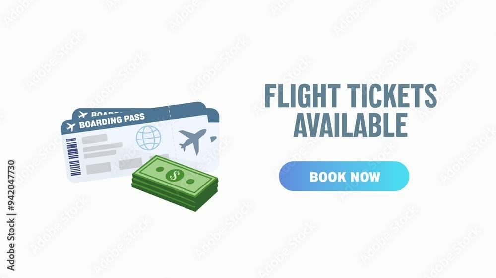 Boarding pass symbols appearing with a cash symbol in the right corner. „Flight tickets available“ written next to it with a „Book now“ button. White and pink screen background. Boarding pass symbols appearing with a cash symbol in the right corner. „Flight tickets available“ written next to it with a „Book now“ button. White and pink screen background.
