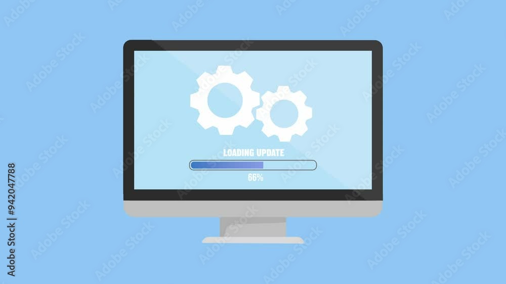 Animated computer appearing. Cogwheels turning inside the screen of the device. Progress bar underneath. Computer doing an update. Blue background and green screen background.