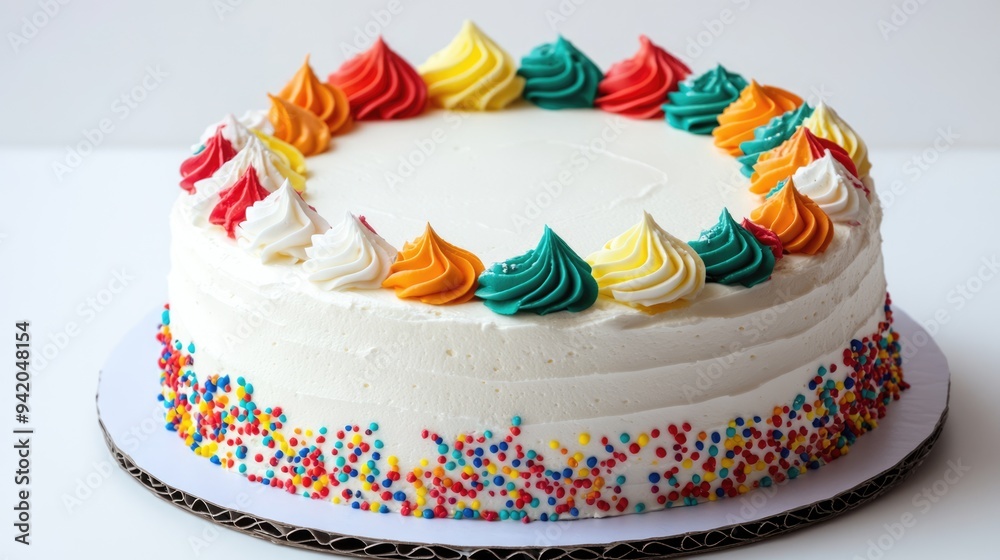 Colourful buttercream birthday cake with sprinkles isolated on white background. Sweet dessert for a dinner party Colourful buttercream birthday cake with sprinkles isolated on white background. Sweet dessert for a dinner party