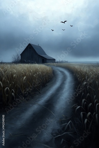 dirt road leads barn middle field atmosphere illustration pathways ducker dreamlike haunting bright rays midwest countryside horror matte