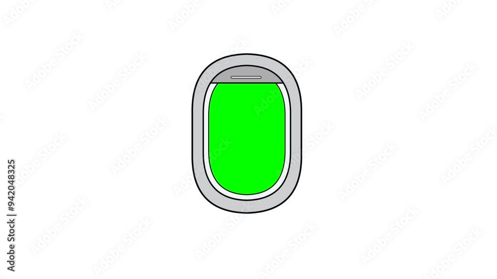 Plane window appearing. Green screen inside. Blinds staying open. White background and pink screen background. Plane window appearing. Green screen inside. Blinds staying open. White background and pink screen background.