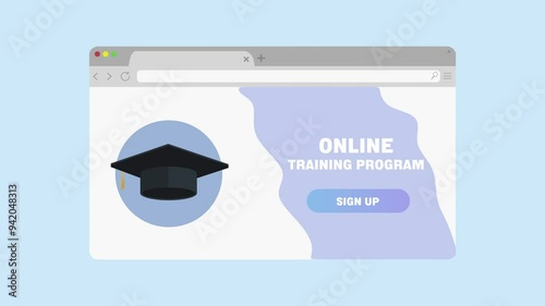 Browser window appearing. Graduation cap inside with „Online University. Sign up“ written next to it. Signing up for online university. Blue background and green screen background.