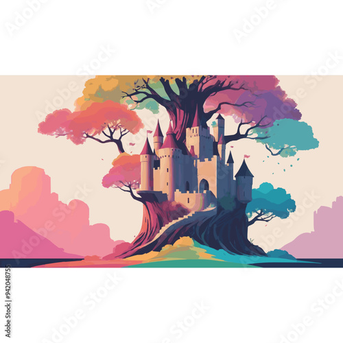 Abstract art of colourful castle reside within trees and a jungle