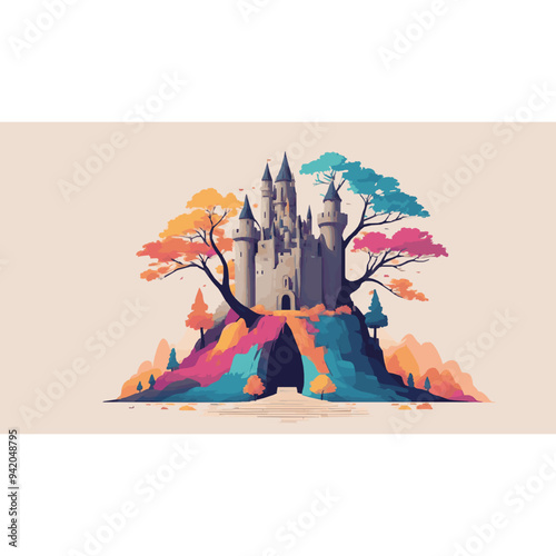 Abstract art of colourful castle reside within trees and a jungle