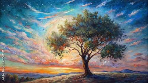 Wallpaper Mural Vibrant Tree at Sunset with Colorful Sky and Stars in the Background Torontodigital.ca