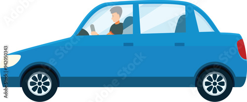 Man is driving a blue car on a white background