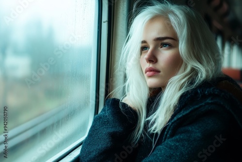 A young woman with striking white blonde hair gazes out the window of a train, her expression thoughtful and serene. The scene evokes a sense of travel, reflection, and the passage of time.