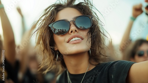 woman sunglasses headphones taking beer stunning concert huge smile ultra wild lens short hair olive skin aviators