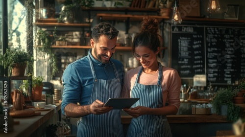 The cafe owners smiling tablet photo