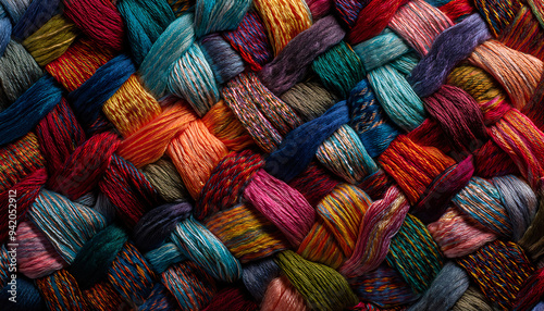 An intricate, woven fabric background with visible threads