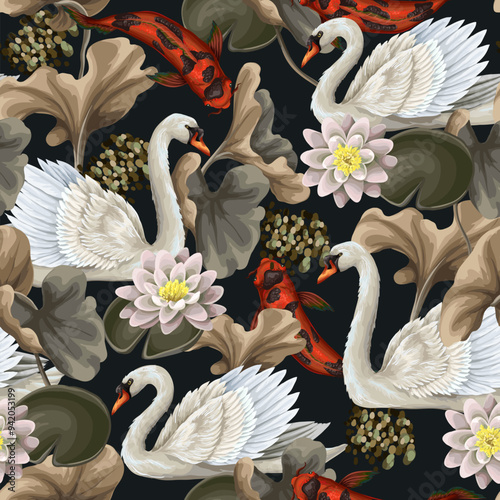 Seamless pattern with white swan and koi fishes. Vector.