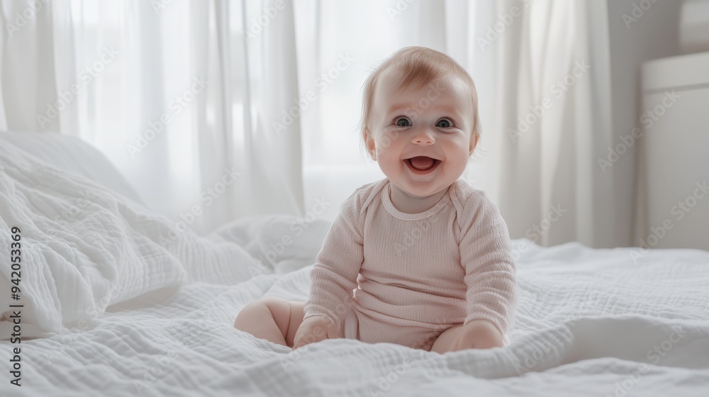 The smiling baby on bed The smiling baby on bed