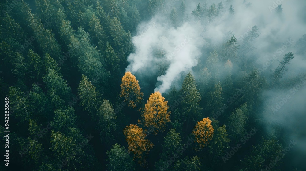 Fototapeta premium Aerial View of Foggy Forest with Yellow Trees