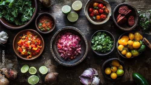 Latin American Cuisine Ingredients on Rustic Wooden Table