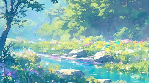 Soothing anime garden soft pastel hues gentle stream blooming flowers peaceful retreat relaxing ambiance