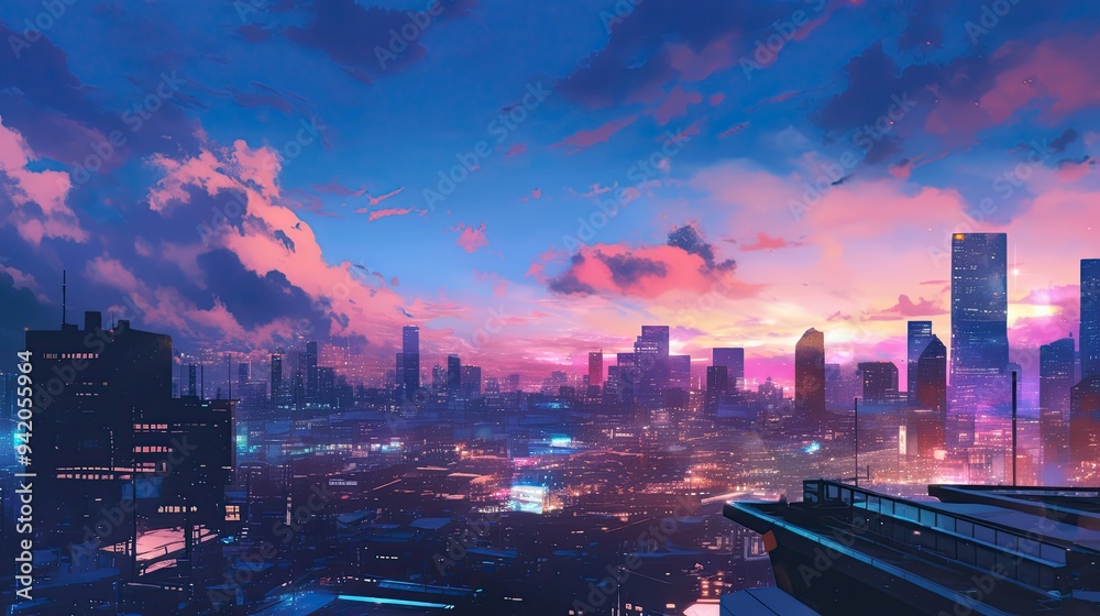 Fototapeta premium Vibrant cityscape with glowing neon lights under a twilight sky Matte color anime visualization