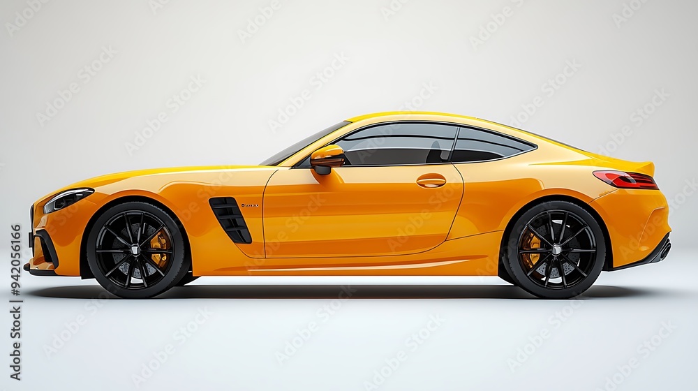 A vibrant yellow coupe with a sleek design and black wheels. A vibrant yellow coupe with a sleek design and black wheels.
