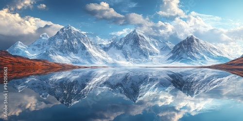 Snow-capped mountains reflected in a still lake.