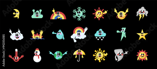 Set of retro character weather. Vector Illustration.