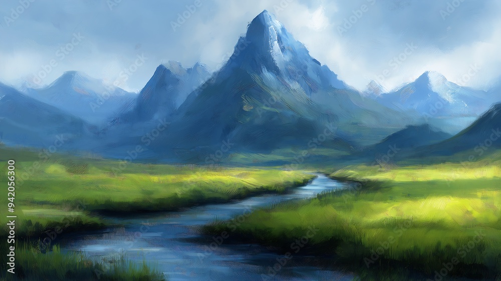 Fototapeta premium mountain landscape stream running paint tool grasslands gathering streaming sword wand deep blue grass coherent peaks