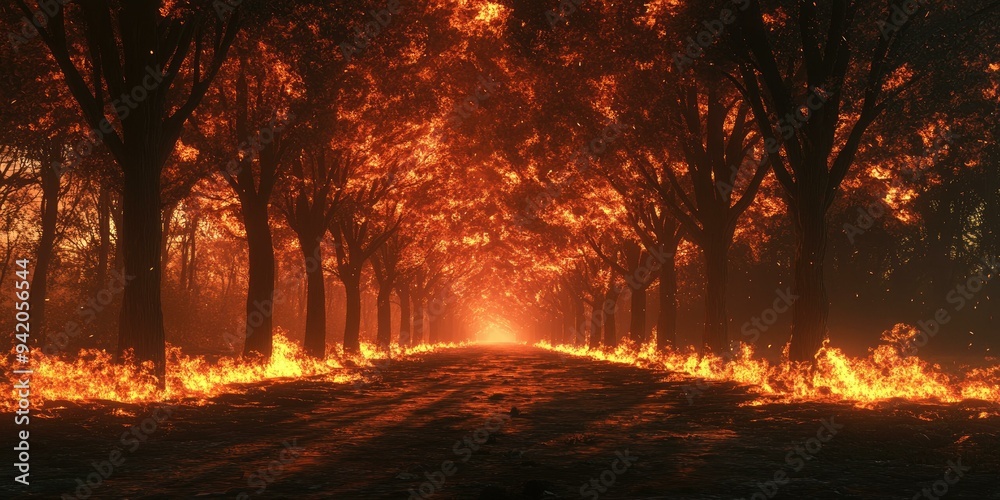 Fire engulfing a road in a forest. Fire engulfing a road in a forest.