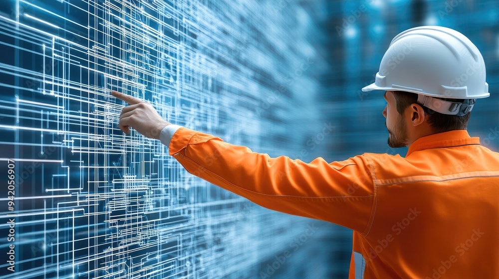 A professional wearing an orange safety jacket and white helmet engages with digital construction plans displayed on a screen, highlighting data flow in a machinery-filled space A professional wearing an orange safety jacket and white helmet engages with digital construction plans displayed on a screen, highlighting data flow in a machinery-filled space