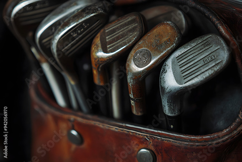 a set of golf clubs neatly arranged in a leather bag, with the grips and clubheads highlighted  photo