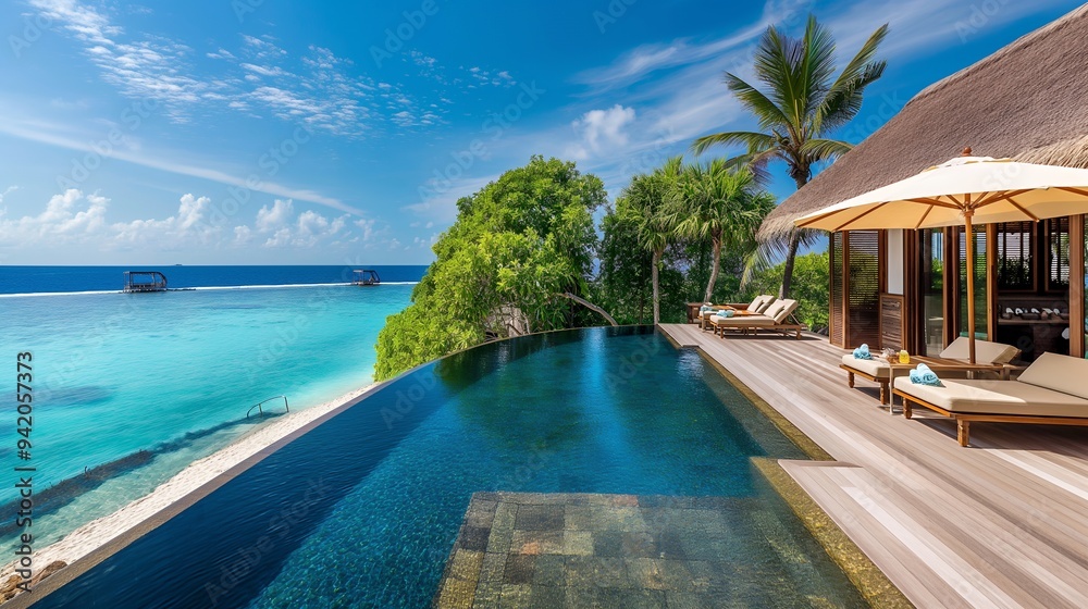 Fototapeta premium Infinity pool at a luxury tropical resort overlooking the turquoise ocean under a clear blue sky.