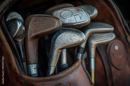 a set of golf clubs neatly arranged in a leather bag, with the grips and clubheads highlighted  photo