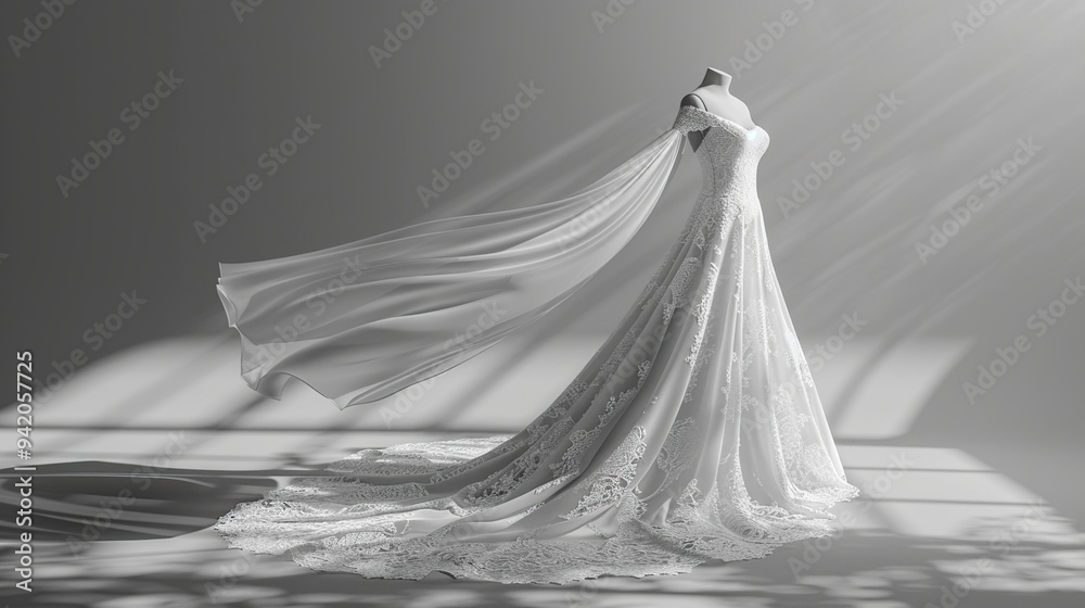 A white wedding dress with a flowing train and a sheer cape draped over the shoulder is displayed on a mannequin against a gray background with natural light illuminating the scene. A white wedding dress with a flowing train and a sheer cape draped over the shoulder is displayed on a mannequin against a gray background with natural light illuminating the scene.
