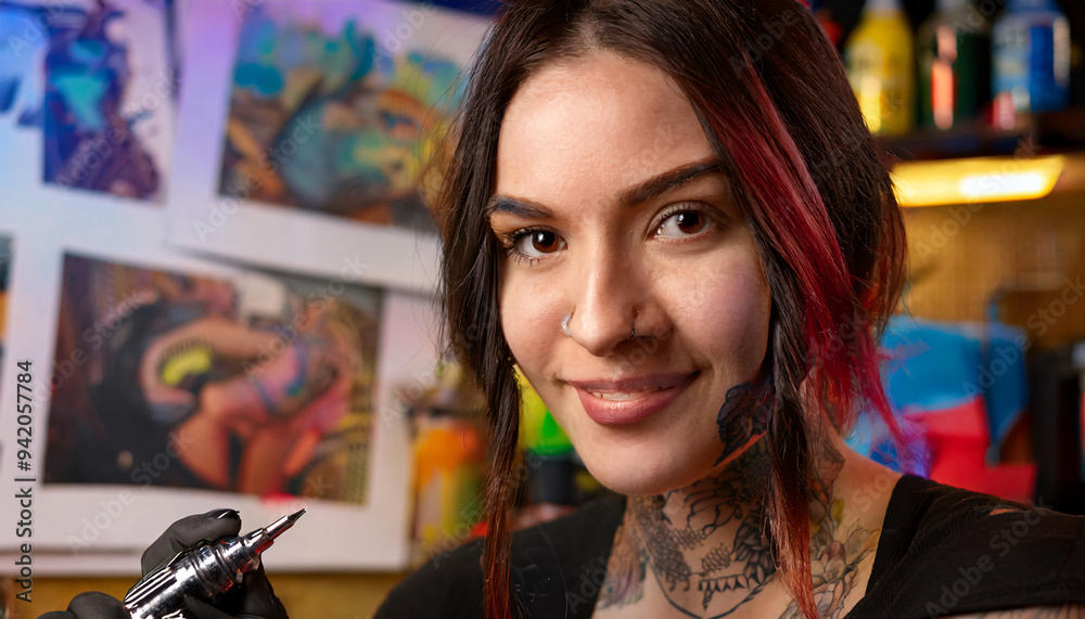 Fototapeta premium Headshot of a tattoo artist with intricate face tattoos and piercings