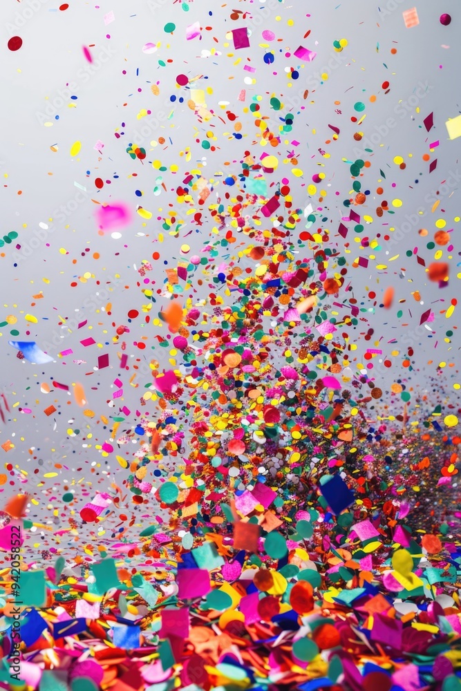 A large amount of colorful confetti falls from the sky, creating a festive atmosphere A large amount of colorful confetti falls from the sky, creating a festive atmosphere