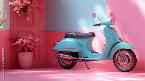 A vintage blue scooter parked against a pink and blue wall with a flowering plant in a pot.