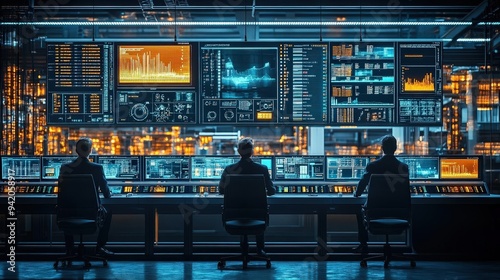 Business executives in a factory control center, focusing on real-time data monitoring (focus on, real-time data theme, realistic, fusion, control room backdrop)
