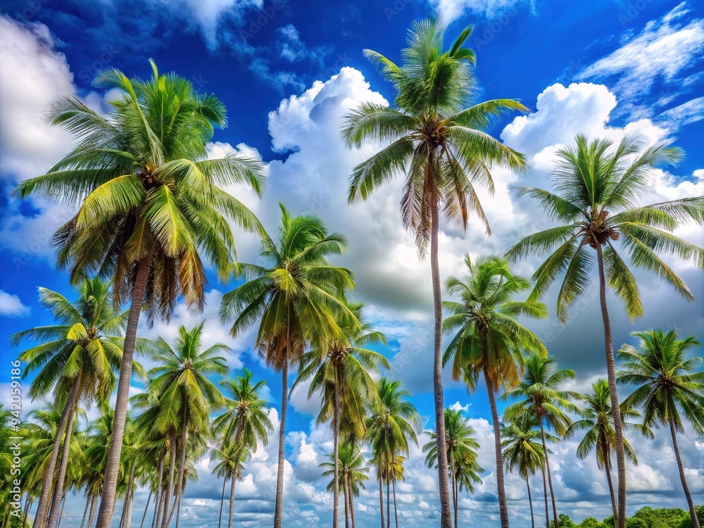 Serene tropical landscape featuring a cluster of slender palm trees swaying gently in the breeze against a bright blue sky with fluffy white clouds. Serene tropical landscape featuring a cluster of slender palm trees swaying gently in the breeze against a bright blue sky with fluffy white clouds.