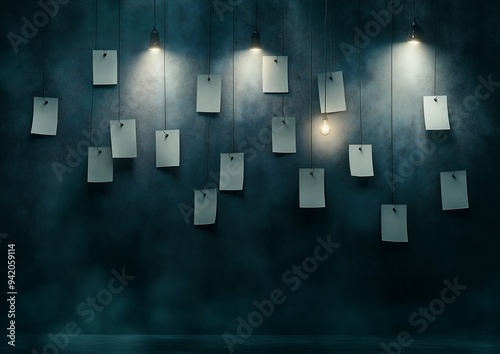 notes hanging ceiling lights business card conceptual list melancholy lighting clipboard connections attribution digital domain design thinking white canvas background parallelism