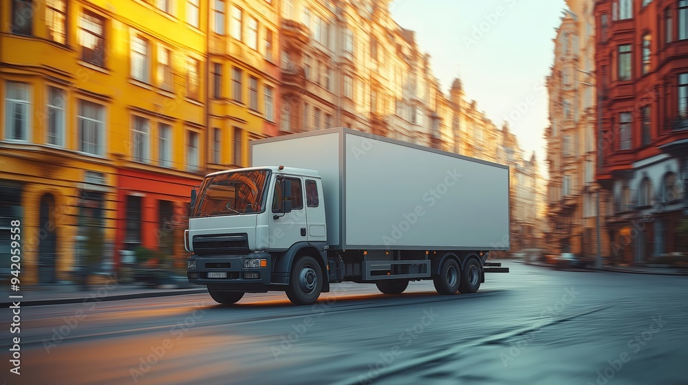 Fototapeta premium White Delivery Truck Speeding Through a Vibrant European City Street at Sunrise, Highlighting the Efficiency and Vitality of Urban Logistics Against a Backdrop of Colorful Architecture