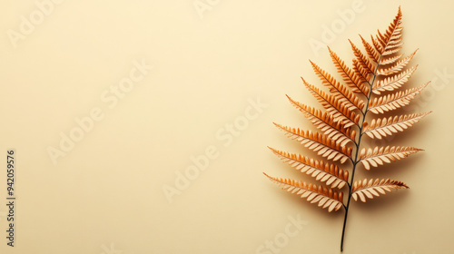 fern frond with copper highlights on a neutral background, with a minimalist design and ample space for copy