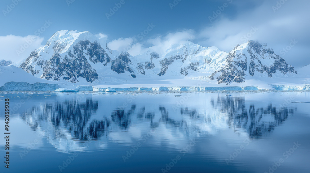 A reflection of snow-capped mountains in blue water A reflection of snow-capped mountains in blue water
